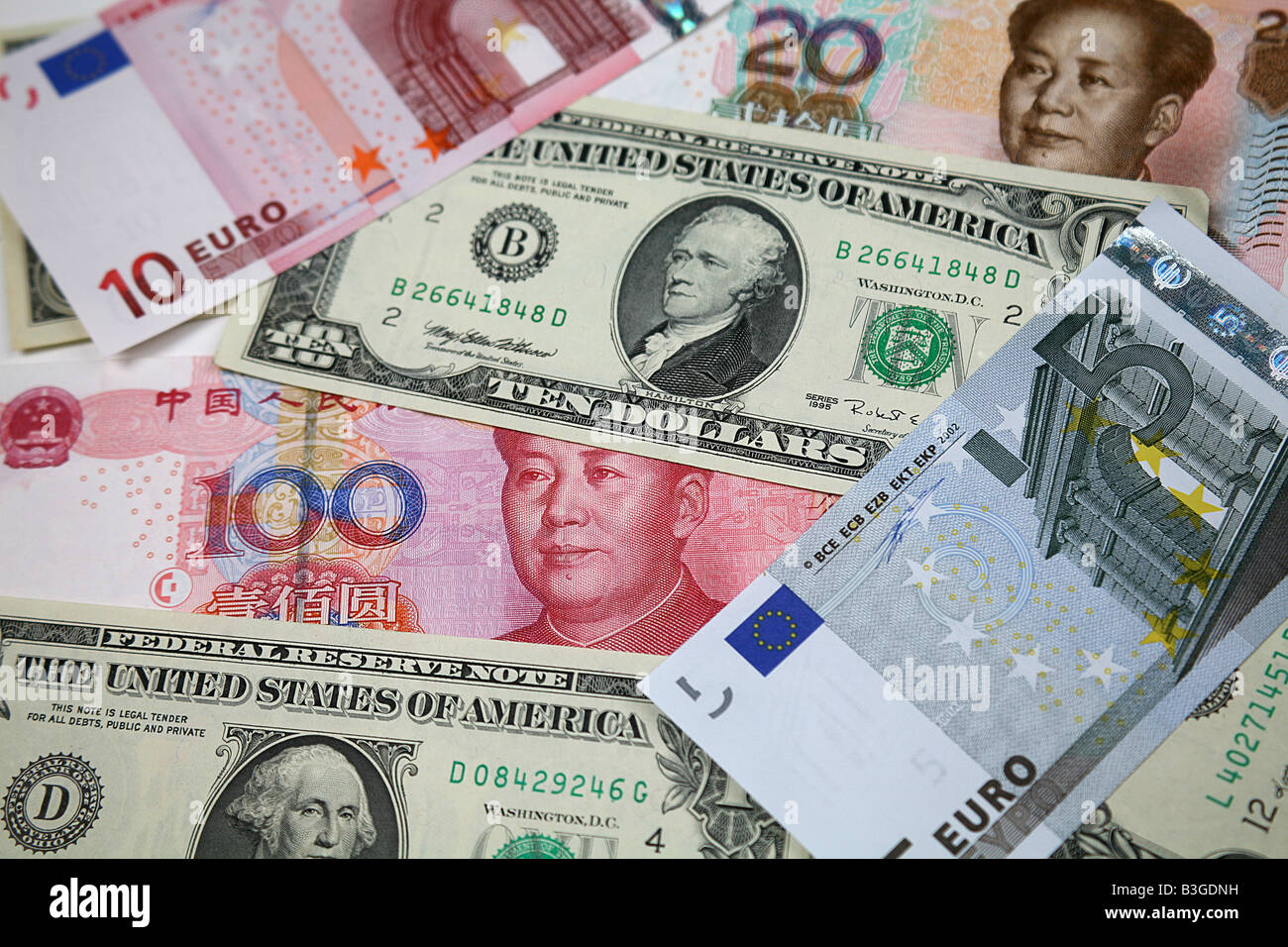 Chinesischen, amerikanischen und europäischen Währung Stockfoto