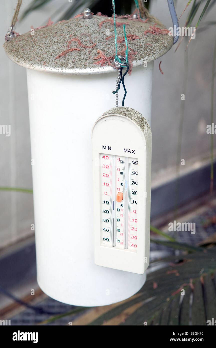 Maximale und minimale Gewächshaus thermometer Stockfoto
