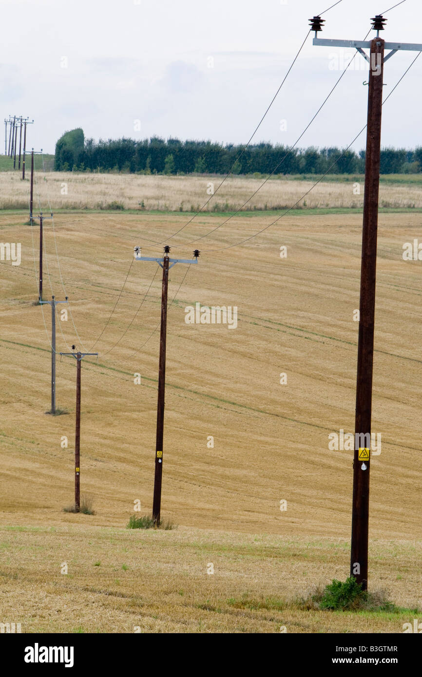 Telegrafenmasten mit Stromkabeln auf abgeernteten Weizenfelder auf Hoo Halbinsel North Kent UK Stockfoto