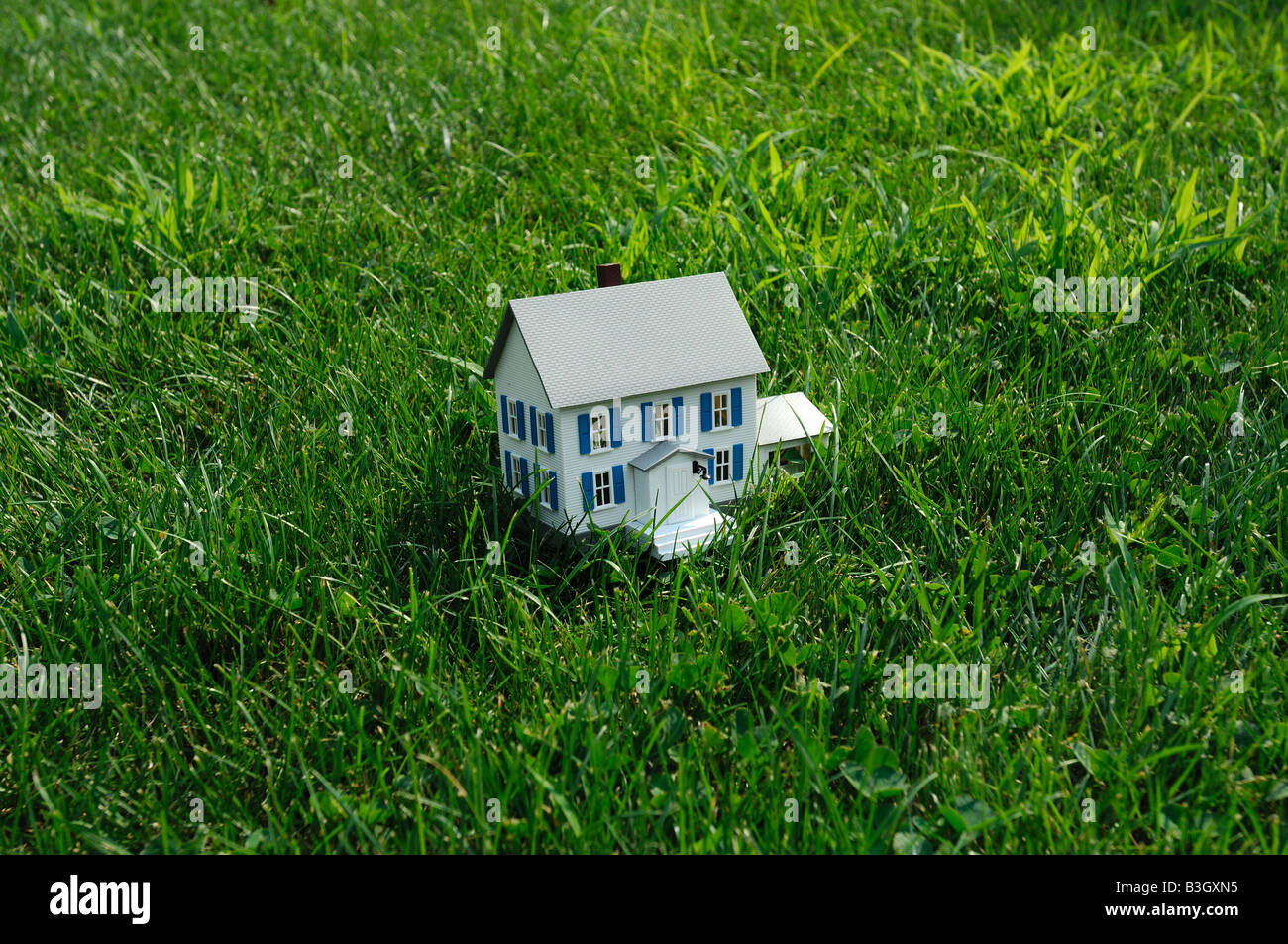 Kleines Modellhaus in Green grass ein kleines Plastikhaus in echten grünen Rasen Stockfoto