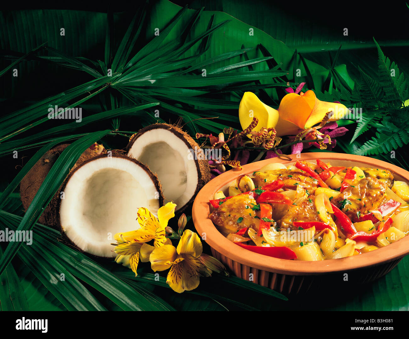 Asiatische Küche Teller Stillleben. Detailansicht von frischen Hähnchen mit Kokos und gemischte Paprika. Stockfoto