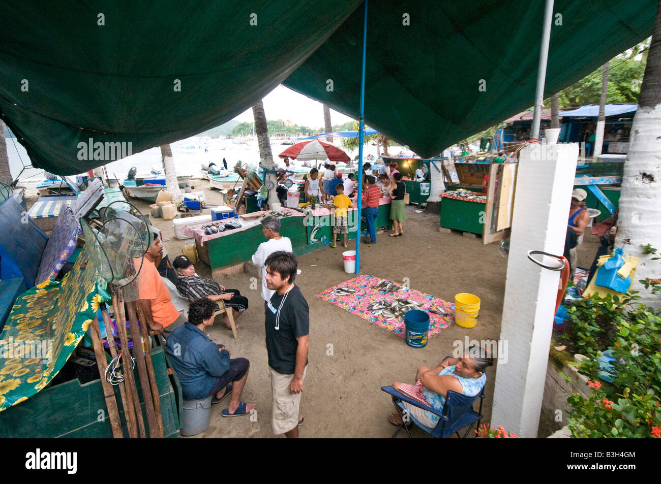 ZIHUATANEJO, Mexiko - der Fischmarkt am Strand von Playa Principal, Zihuatanejo, Mexiko. Wenn die lokalen Fischer zurück zu Dawn, verkaufen Sie ihre Fänge an einem Strand Fischmarkt am frühen Morgen Käufer. Wird ein traditionelles Fischerdorf, die Meeresfrüchte in Zihuatanejo ist hervorragend. Stockfoto