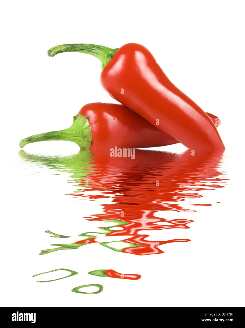 Zwei heiße Chili Paprika reflektiert über weiß Stockfoto