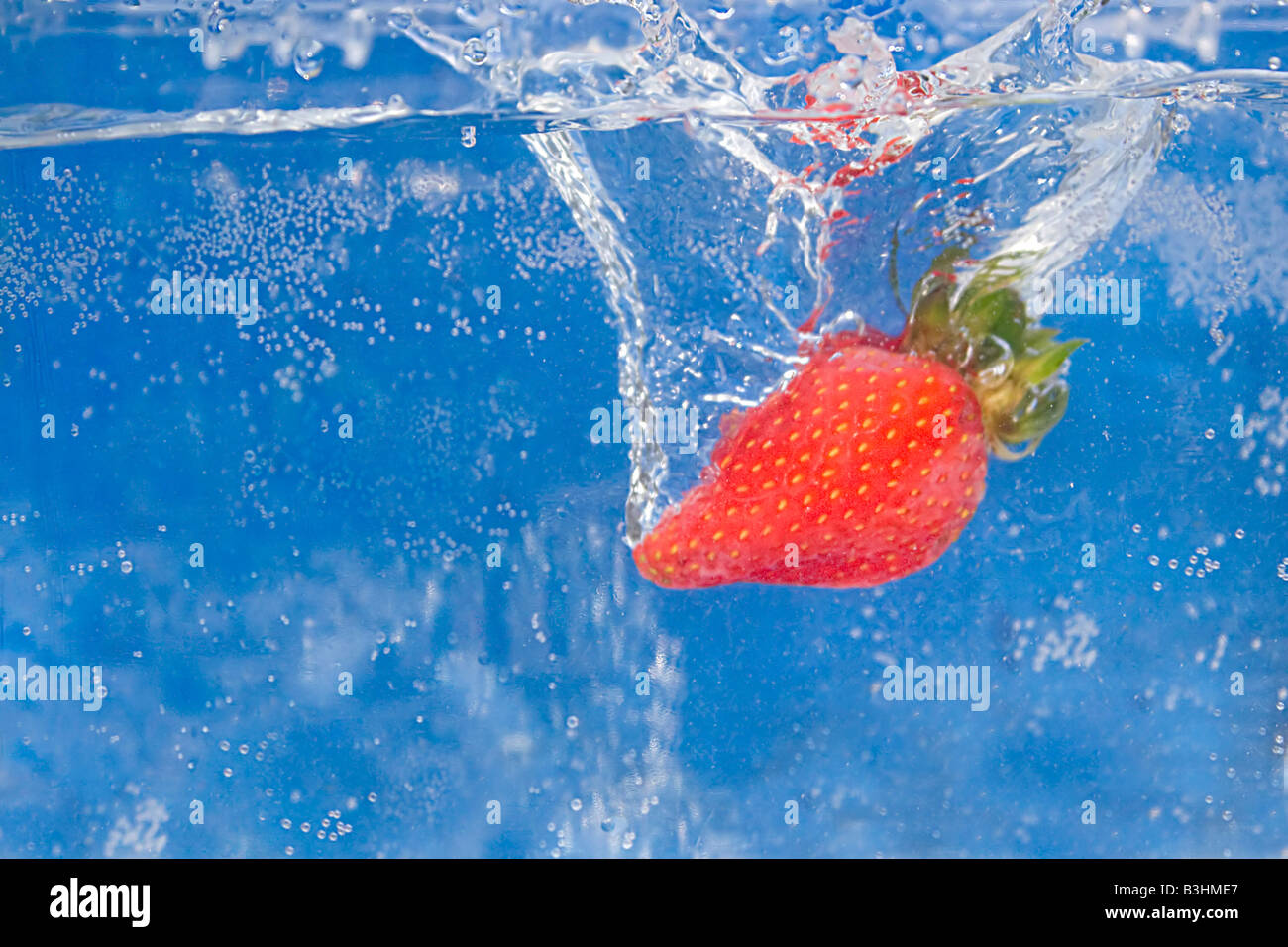 Eine saftige rote Erdbeere eintauchen in Wasser Stockfoto