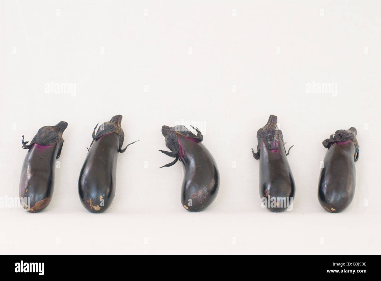 5 organische japanische Aubergine auf einem weißen Hintergrund. Diese Tamagogata Aubergine sind weit verbreitet in der japanischen Küche verwendet. Stockfoto