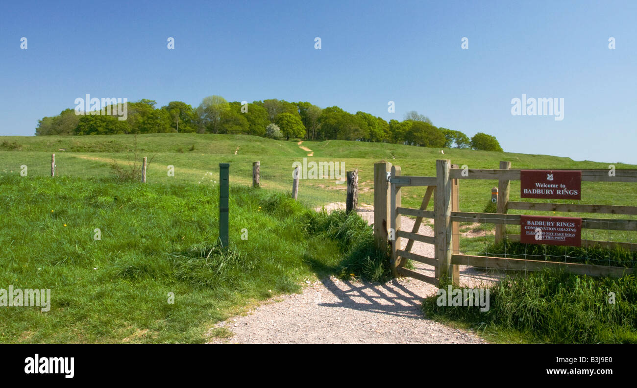Wanderweg und Tor zur Badbury Rings, Dorset, Großbritannien Stockfoto