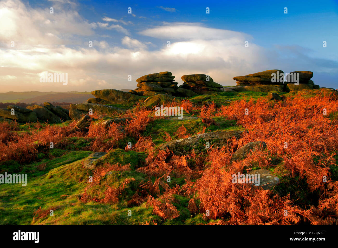 Herbst Gritstone Felsen Lawrence Feld Peak District National Park Derbyshire England Großbritannien UK Stockfoto