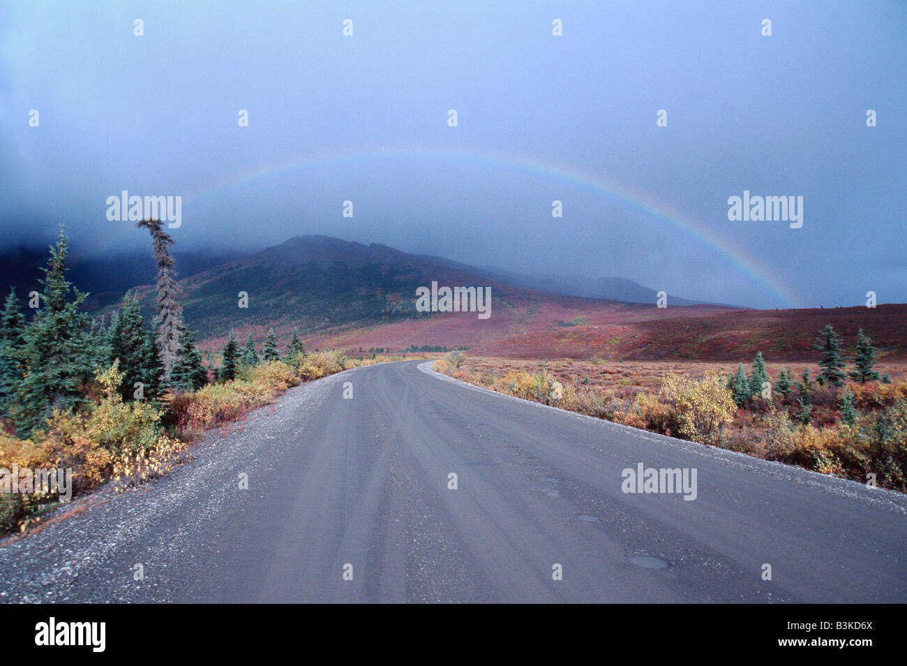 Denali Highway mit Regenbogen Alaska USA Stockfoto