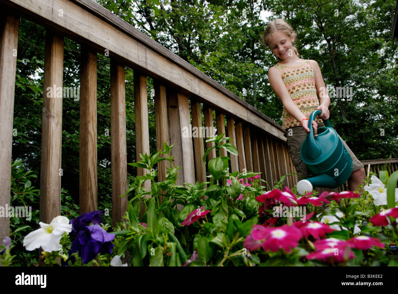 Ein neun Jahres altes Mädchen Wasser Blumen Gemüse und Kräuter in einem städtischen Vorort Garten auf einem hinteren Deck eines Hauses Stockfoto