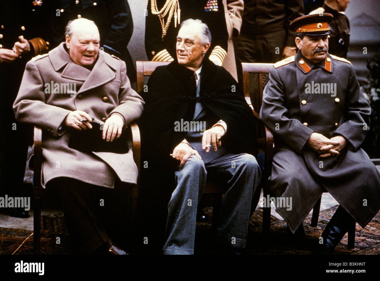Konferenz von Jalta im Februar 1945 bei der Liwadija-Palast. Vom linken Churchill, Roosevelt und Stalin. Foto Lewis Gale Stockfoto