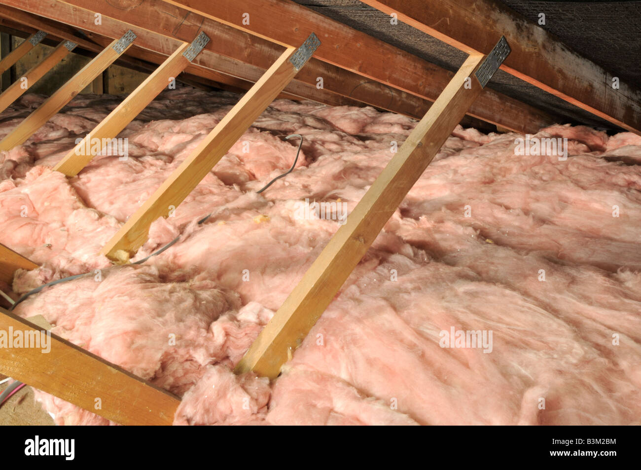Isolierte Wohnhäuser Loft-Platz & niedrige Dachneigung Holzdachbinder Wärme sparende Glasfaserisolierung flach über Deckenbalken gelegt England Großbritannien Stockfoto