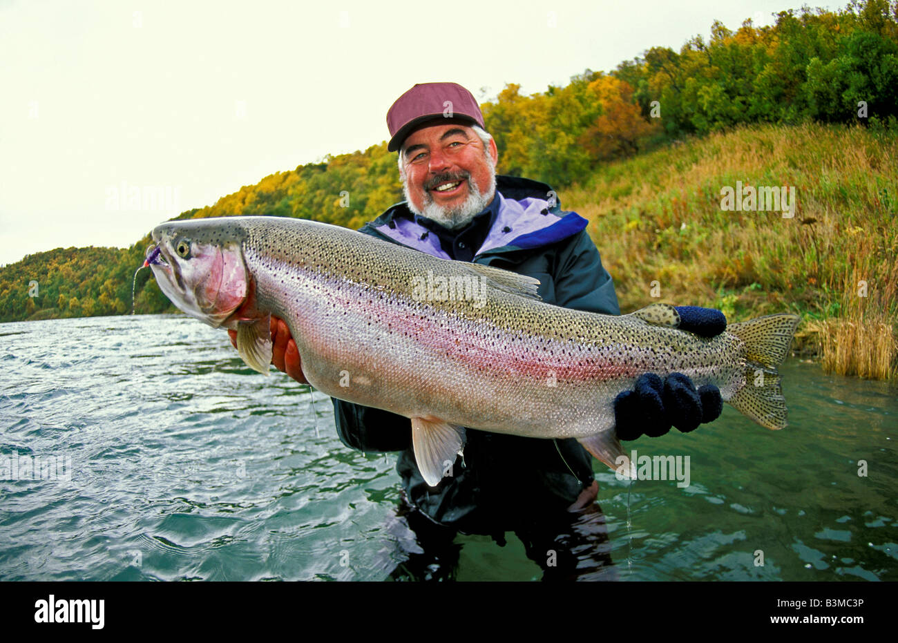 Südwesten ALASKA lächelnd Fischer hält Trophäe Regenbogenforelle fing in der Naknek River in der Nähe von King Salmon Stockfoto