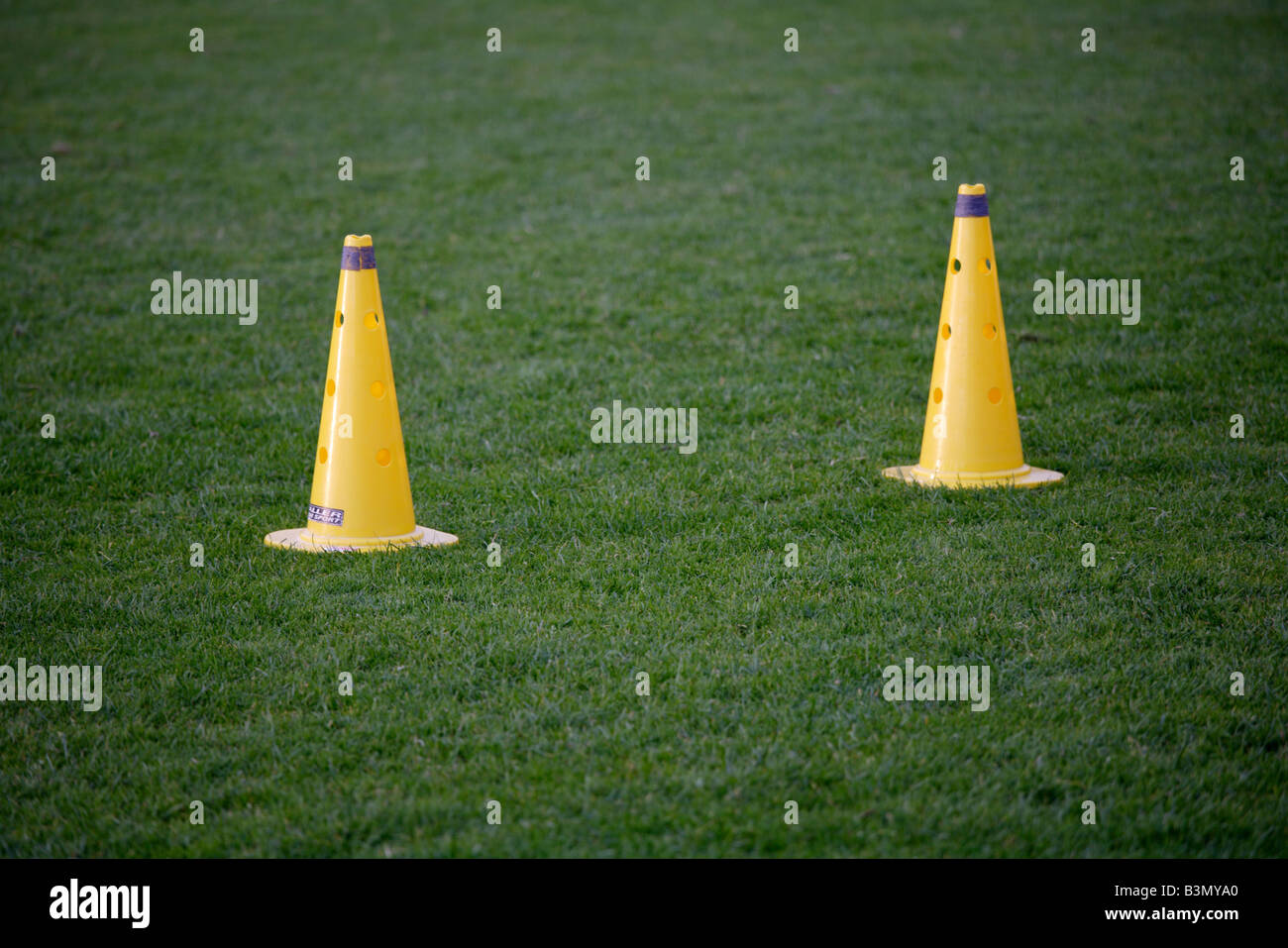 Gelbe Kegel auf Fußballplatz Stockfoto