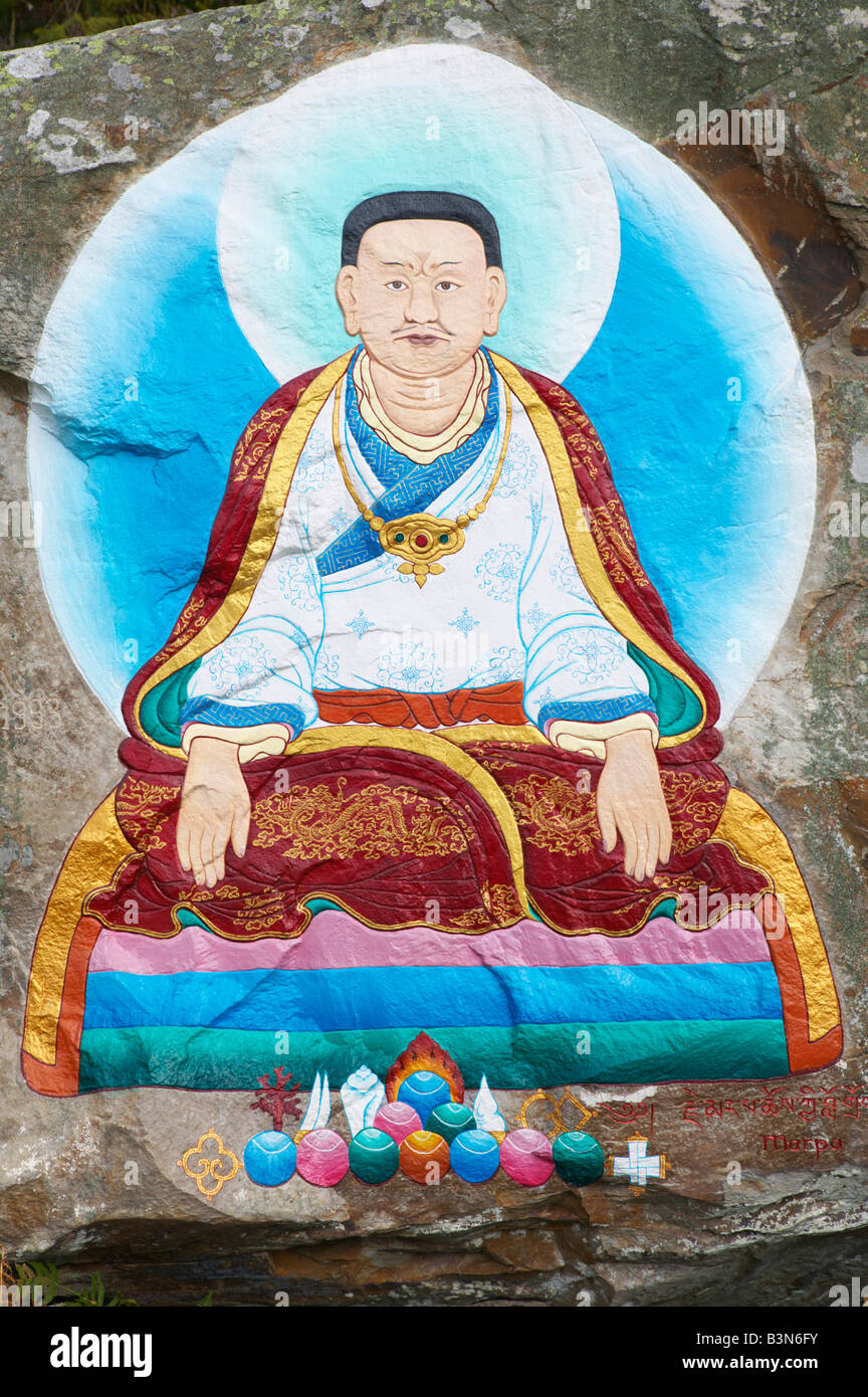 Tibetisch-buddhistische Gemälde von Marpa den Übersetzer auf Holy Island, Isle of Arran, North Ayrshire, Schottland, Großbritannien. Stockfoto