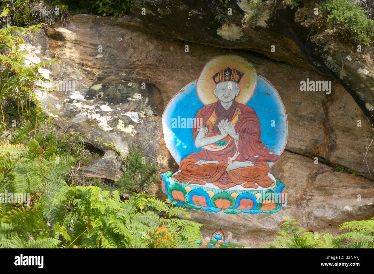 Tibetisch-buddhistische Gemälde der ersten Karmapa Düsum Khyenpa auf Holy Island, Isle of Arran, North Ayrshire, Schottland, Großbritannien. Stockfoto