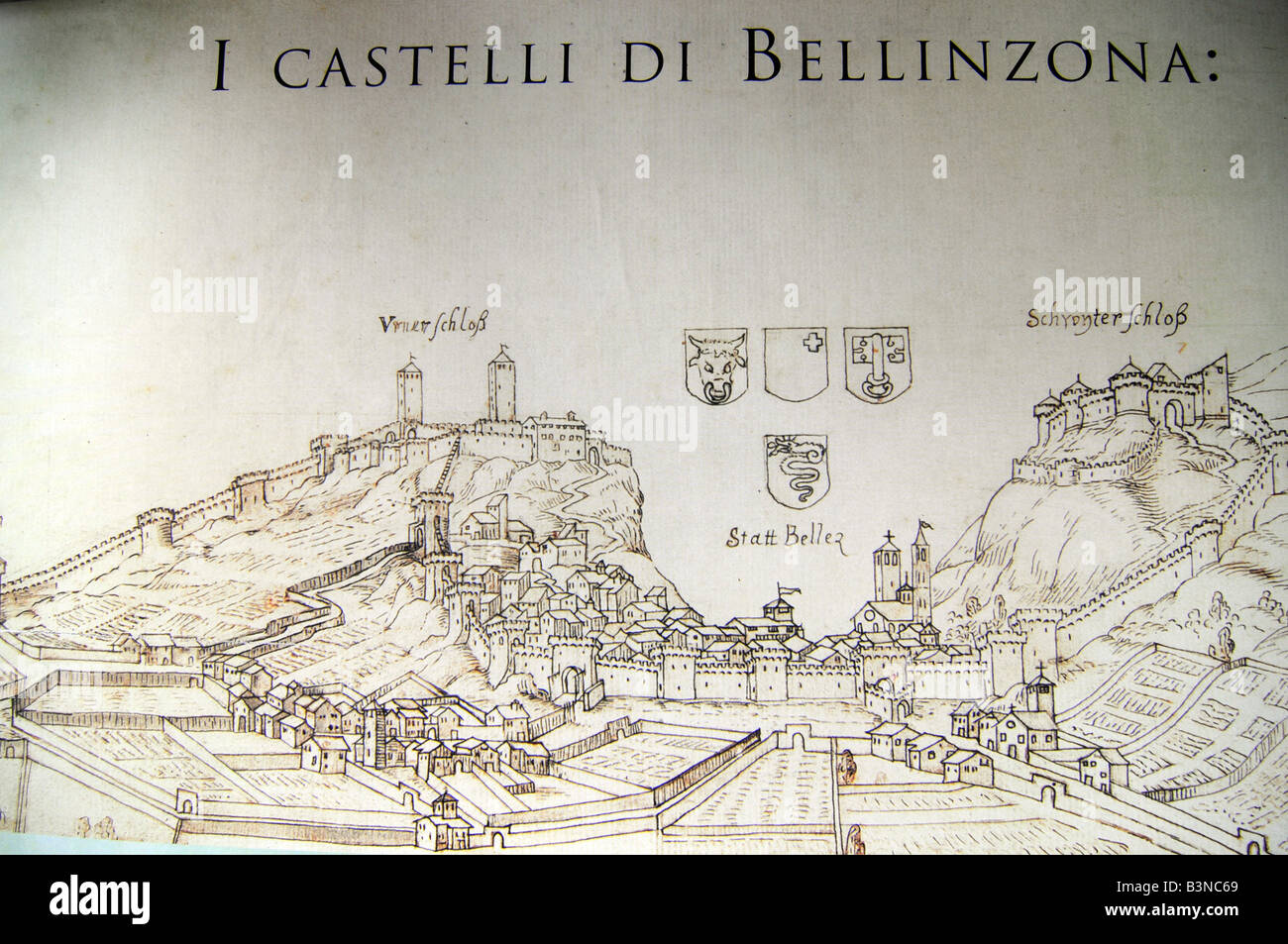 Touristische Karte, die mittelalterliche Burg in Bellinzona, der Hauptstadt der Region Tessin in der Schweiz. Stockfoto