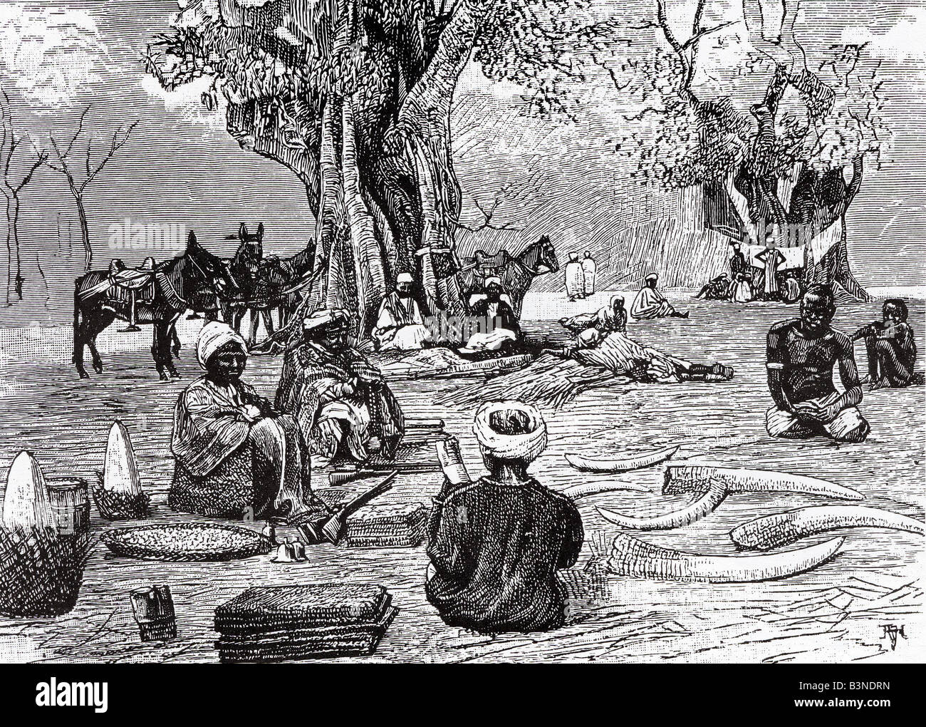 Sklaverei Gravur aus einer französischen Zeitschrift zeigt die Verbindung zwischen den arabischen Sklavenhandel und der Handel mit Elfenbein Stockfoto