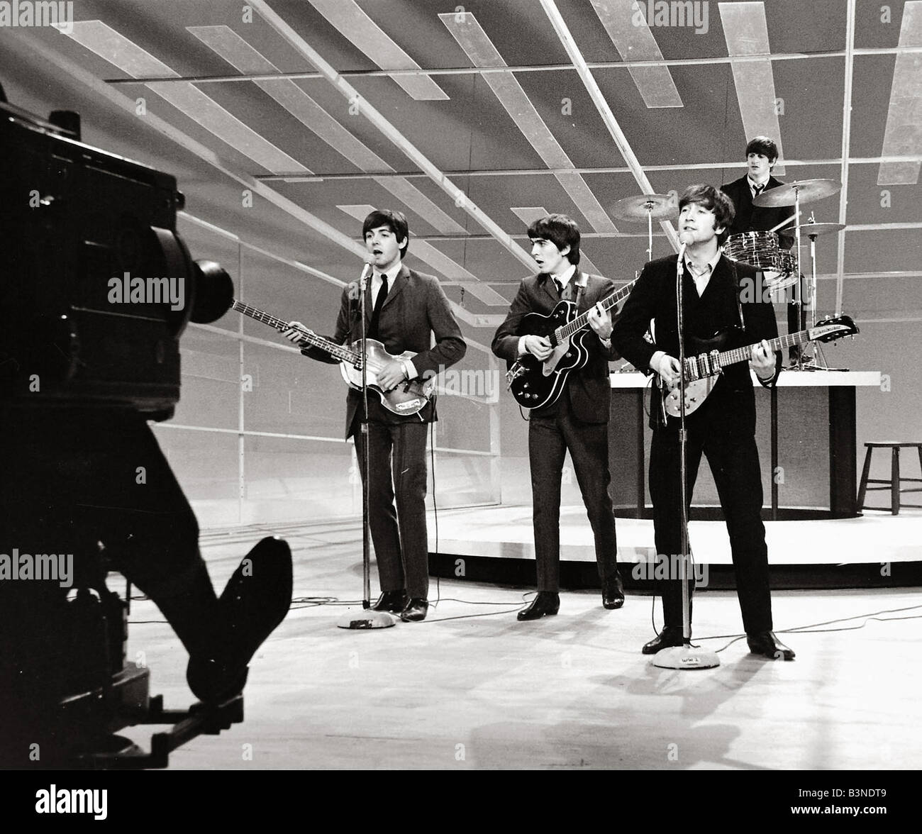 Beatles 1964 John Lennon, Paul McCartney George Harrison und Ringo Starr Proben ihren Auftritt in der Ed Sullivan Show 1964 Stockfoto