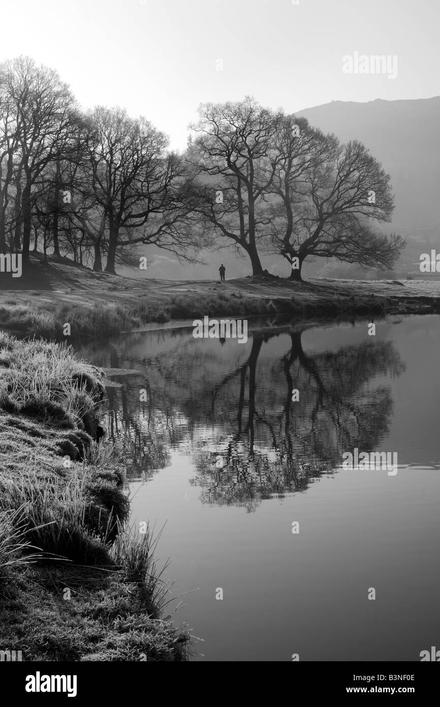 monochrome Seenlandschaft auf dem Fluß Brathay in Elterwater mit Nebel Frost und Reflexionen Stockfoto