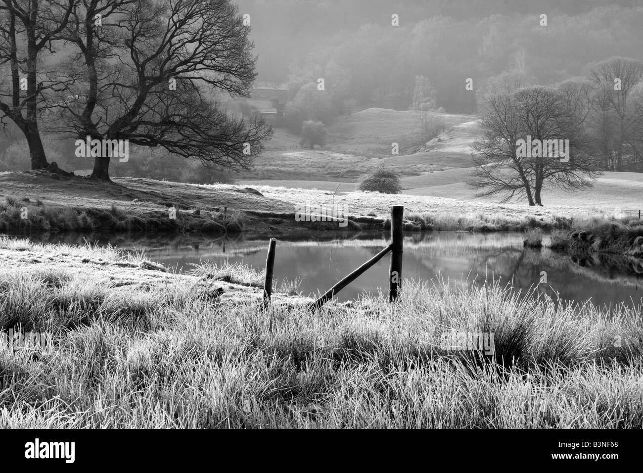 monochrome Landschaft auf dem Fluß Brathay im Langdale Tal mit Morgen frost Stockfoto