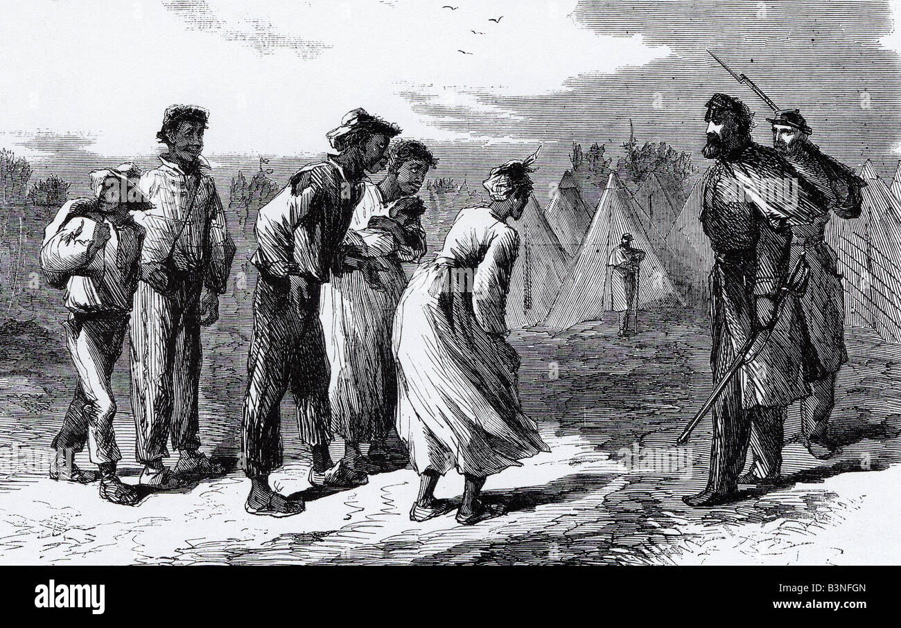 Sklaverei Gravur zeigt entgangen Sklaven, die Ankunft in einem Bundeswehr-Camp während der American Civil Wat Stockfoto