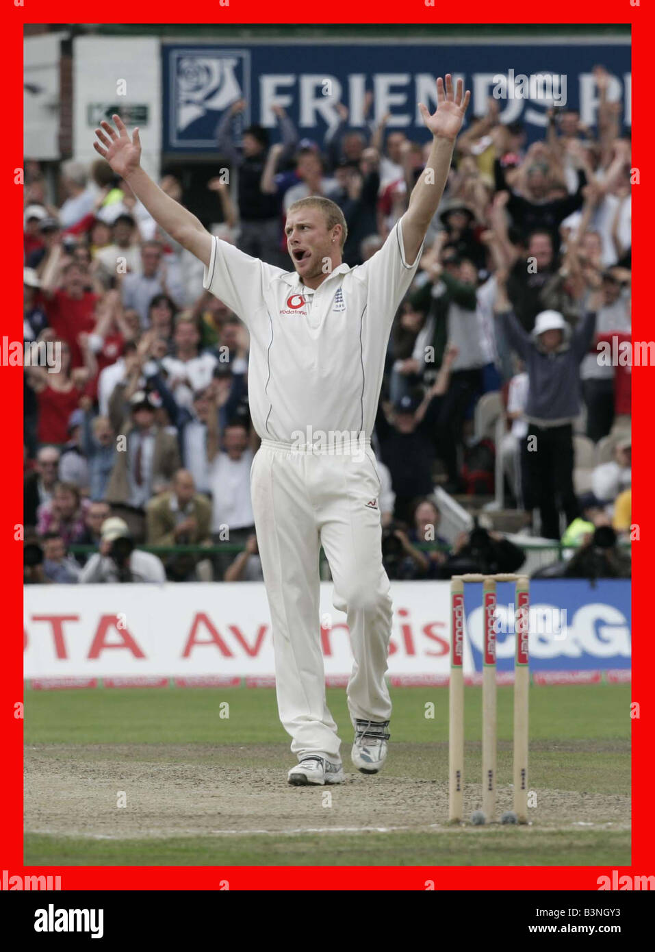 England V Australien Asche 3. Testspiel im Old Trafford August 2005 England zu feiern, wobei das Wicket von Simon Katich rollte Stockfoto