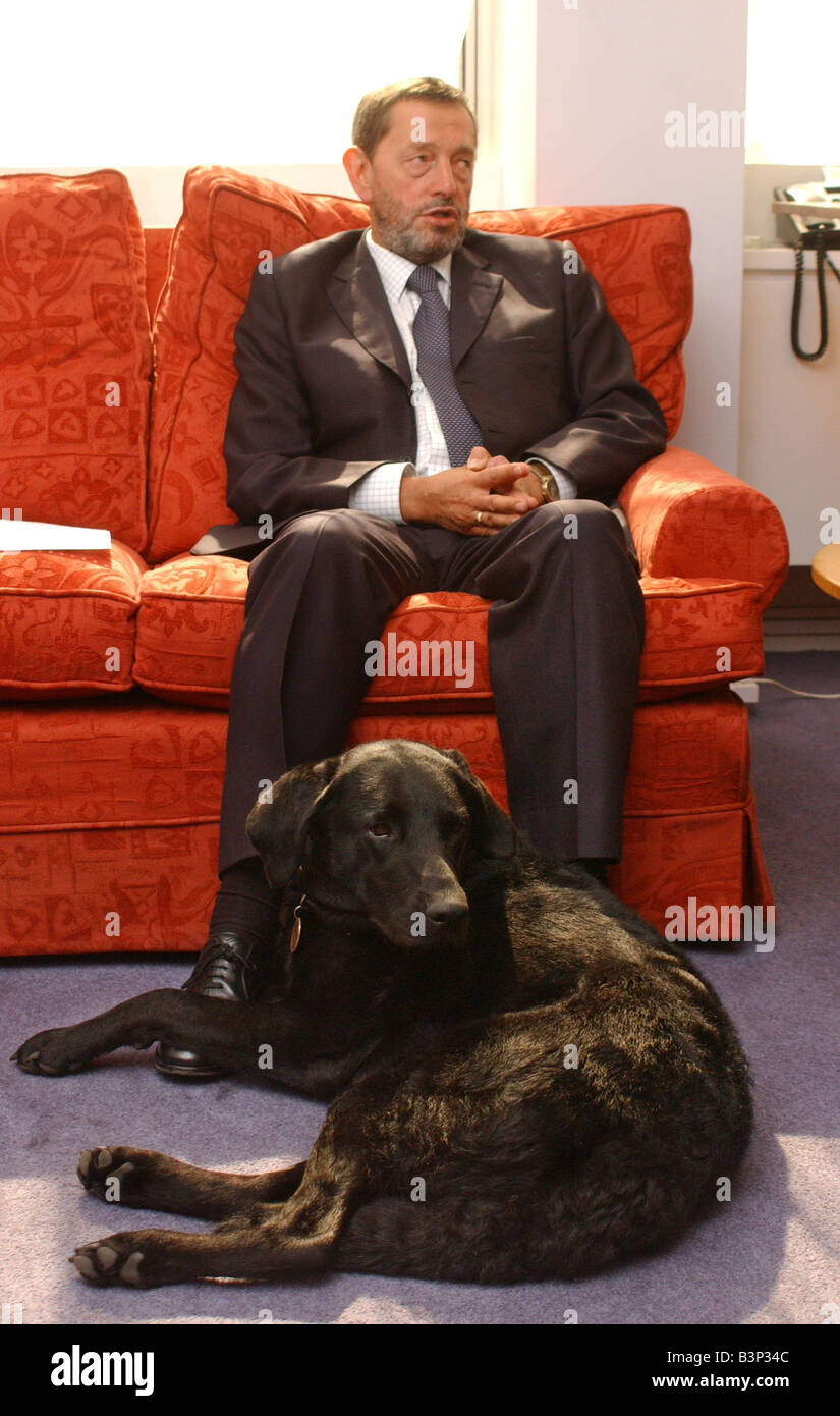 David Blunkett MP im Interview mit dem Daily Mirror im Home Office das Interview wurde von Blunkett s neuen Blindenhund Sadie Juli 2003 beobachtet. Stockfoto