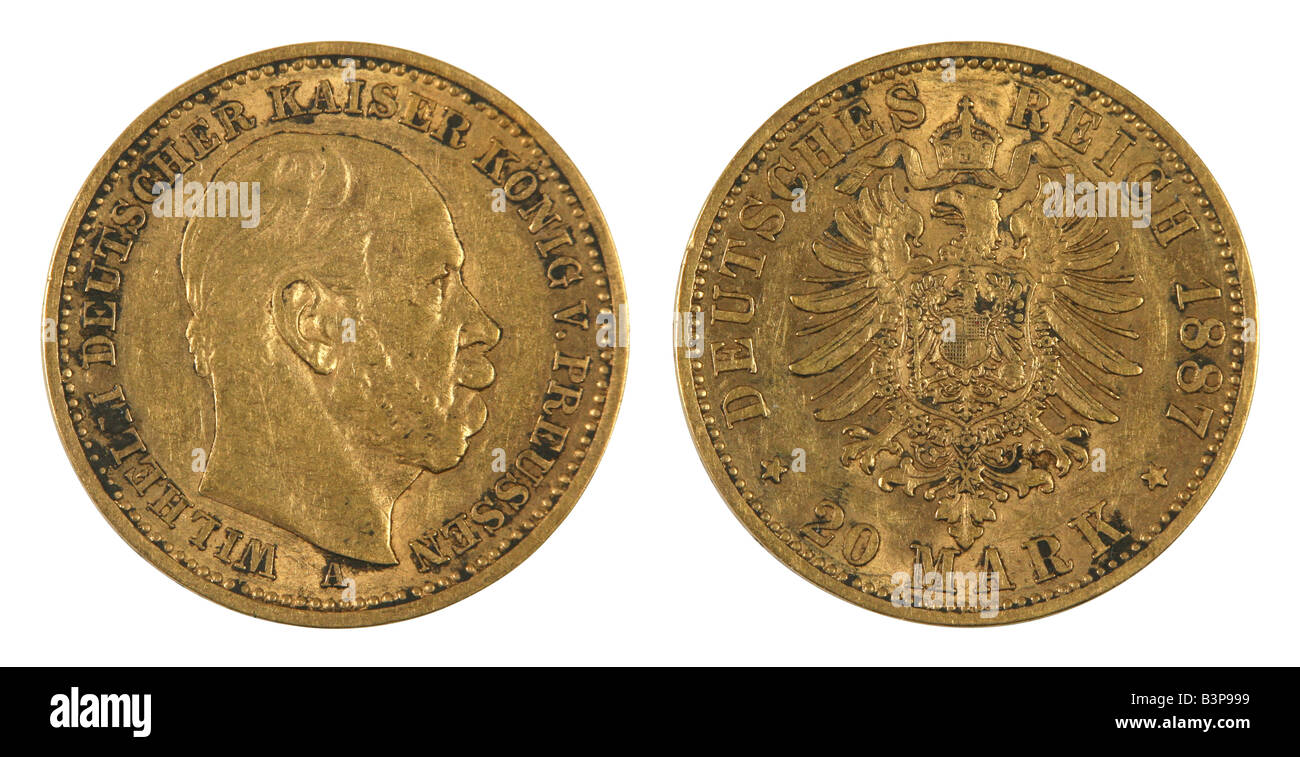 1887-Deutsch "20 mark" Goldmünze mit Portrait von Kaiser Wilhelm. Stockfoto