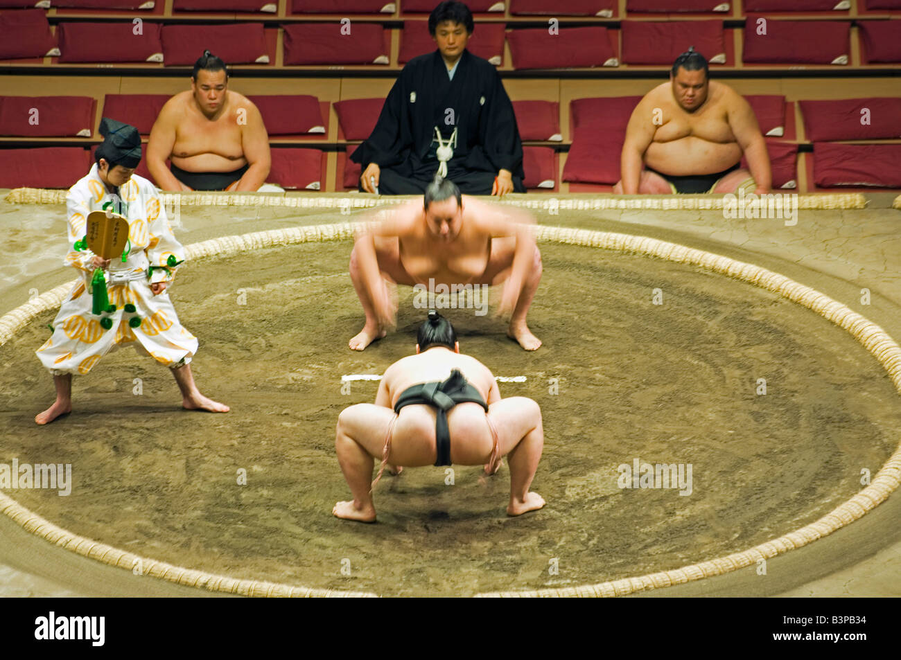 Japan, Bezirk Ryogoku Kokugikan Halle Stadion. Grand Taikai Sumo-Wrestling-Turnier-Sumo-Ringer im Wettbewerb Stockfoto