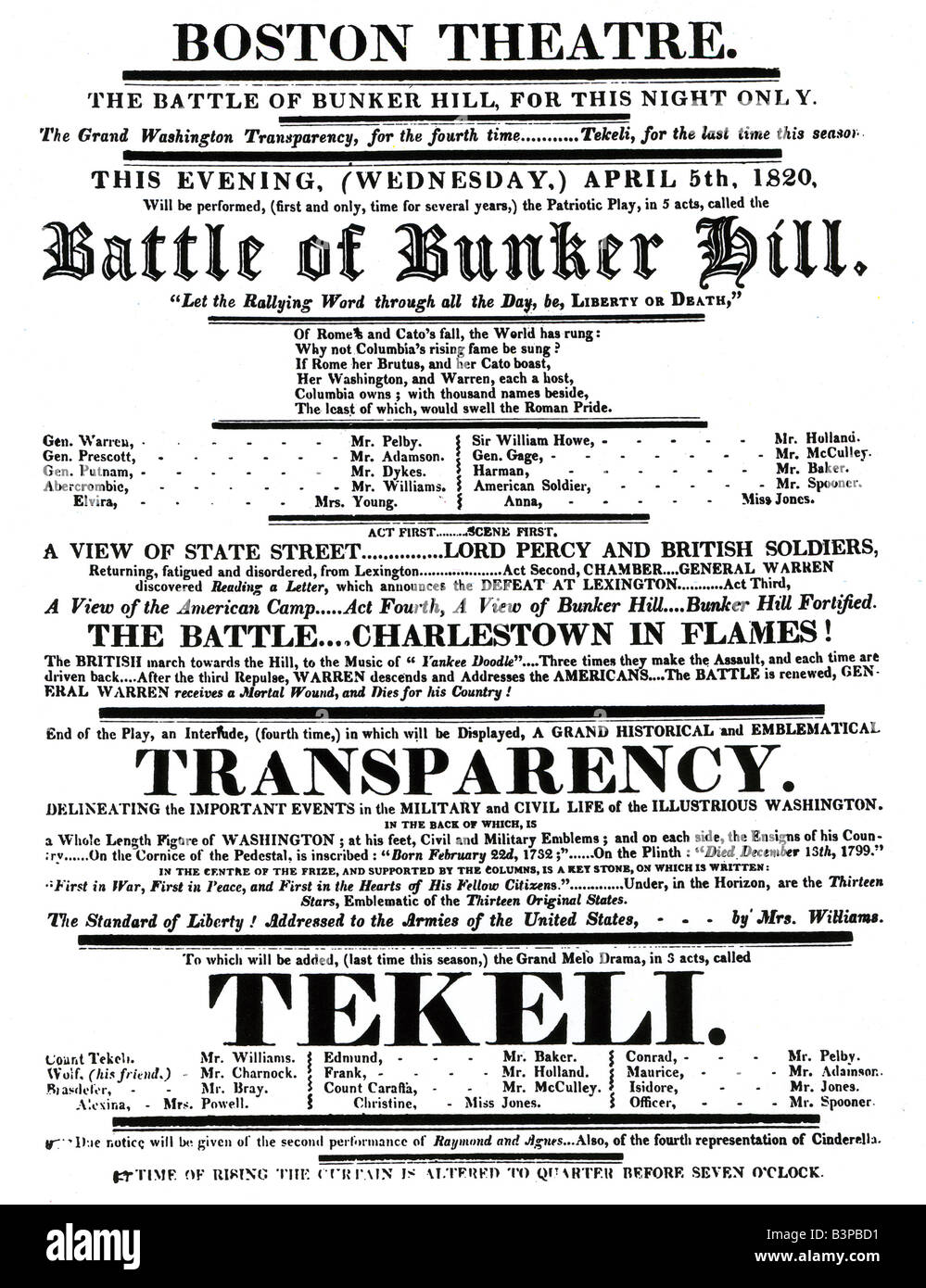 Schlacht von BUNKER HILL Poster für theatralische Reenactment im Boston Theatre im April 1820. Die Schlacht war in der Nähe von Boston 1775 Stockfoto