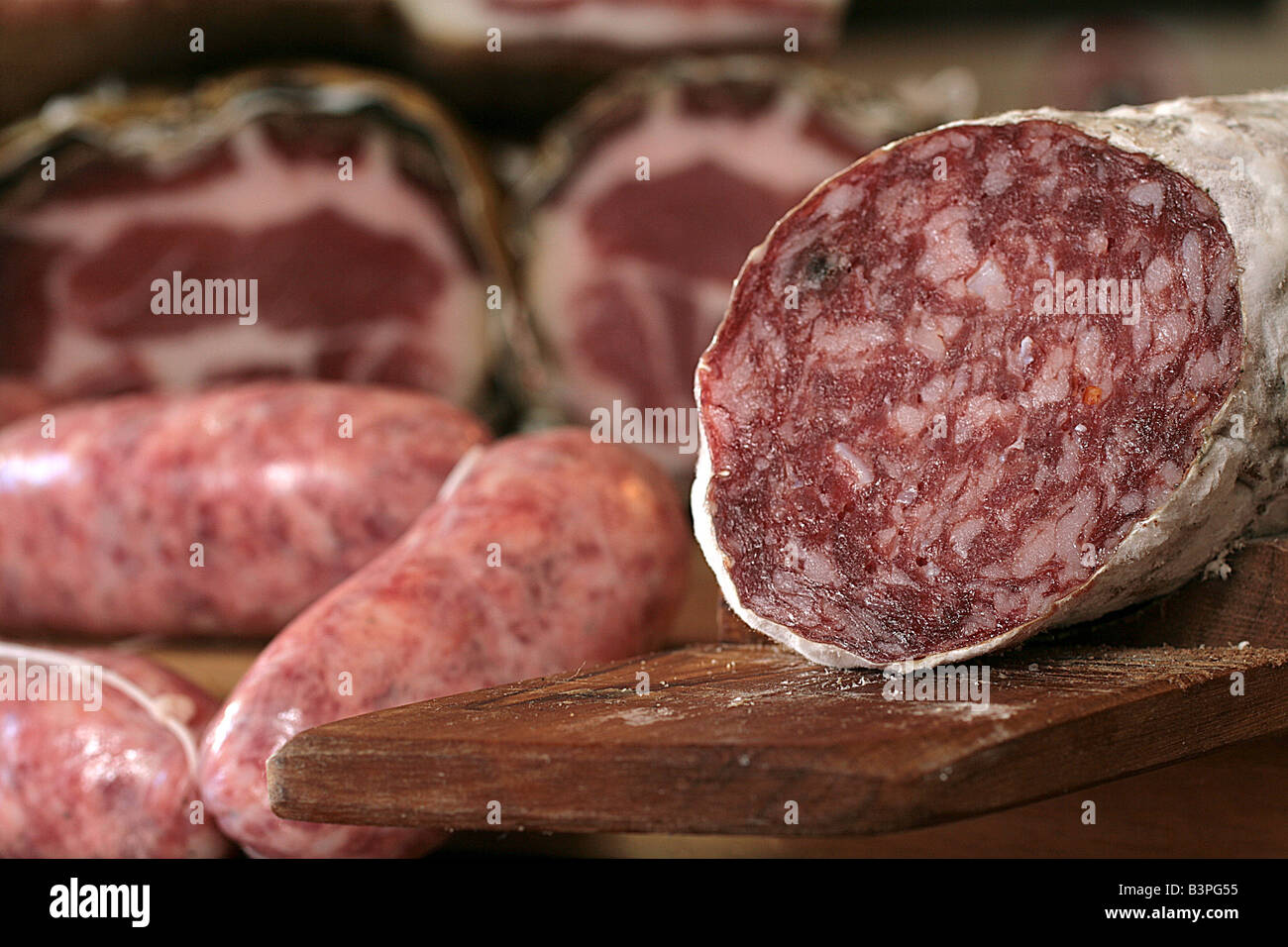 Salami, Salumificio Cerboni, Castel del Piano, Monte Amiata Gebiet, Toskana, Italien Stockfoto