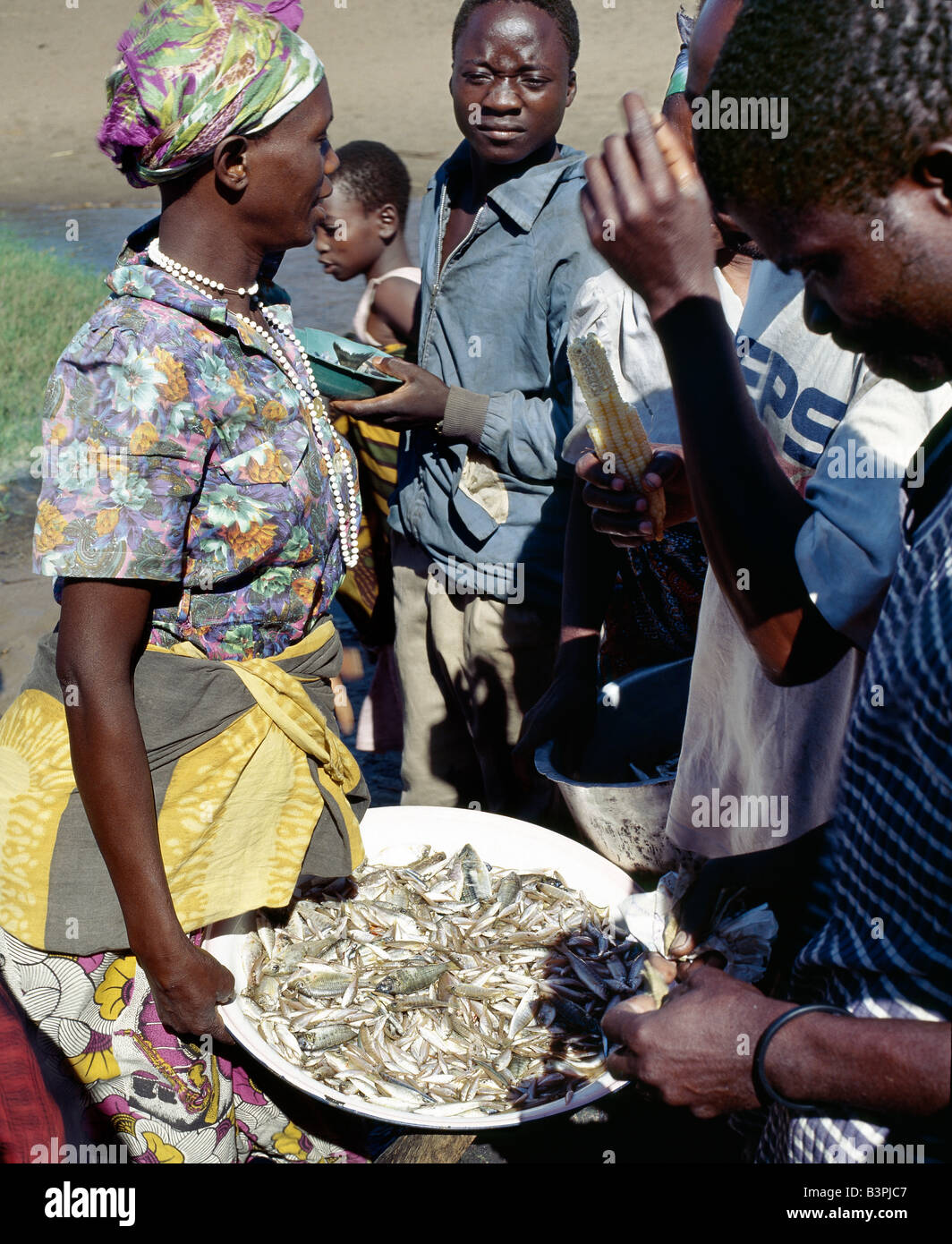 Malawi, Karonga, nördlichen Malawi. Eine Frau verkauft dem Morgen Fang in einem kleinen Fischerdorf südlich von Karonga.No anderer See in der Welt hat ein vielfältiger Fischfauna als Lake Malawi. Es gibt fast 600 Arten, die meisten von ihnen endemisch Cichlids. Fische versorgen Malawier mit 70 % von ihren Eiweißbedarf. Stockfoto