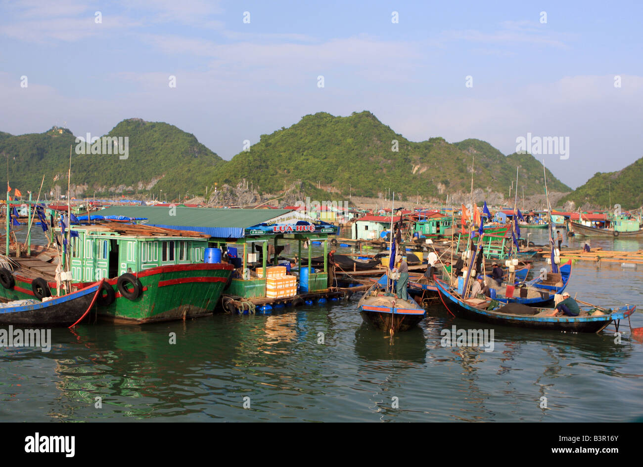 Ein Hafen mit Hausbooten, Cat Ba Island, Vietnam Stockfoto