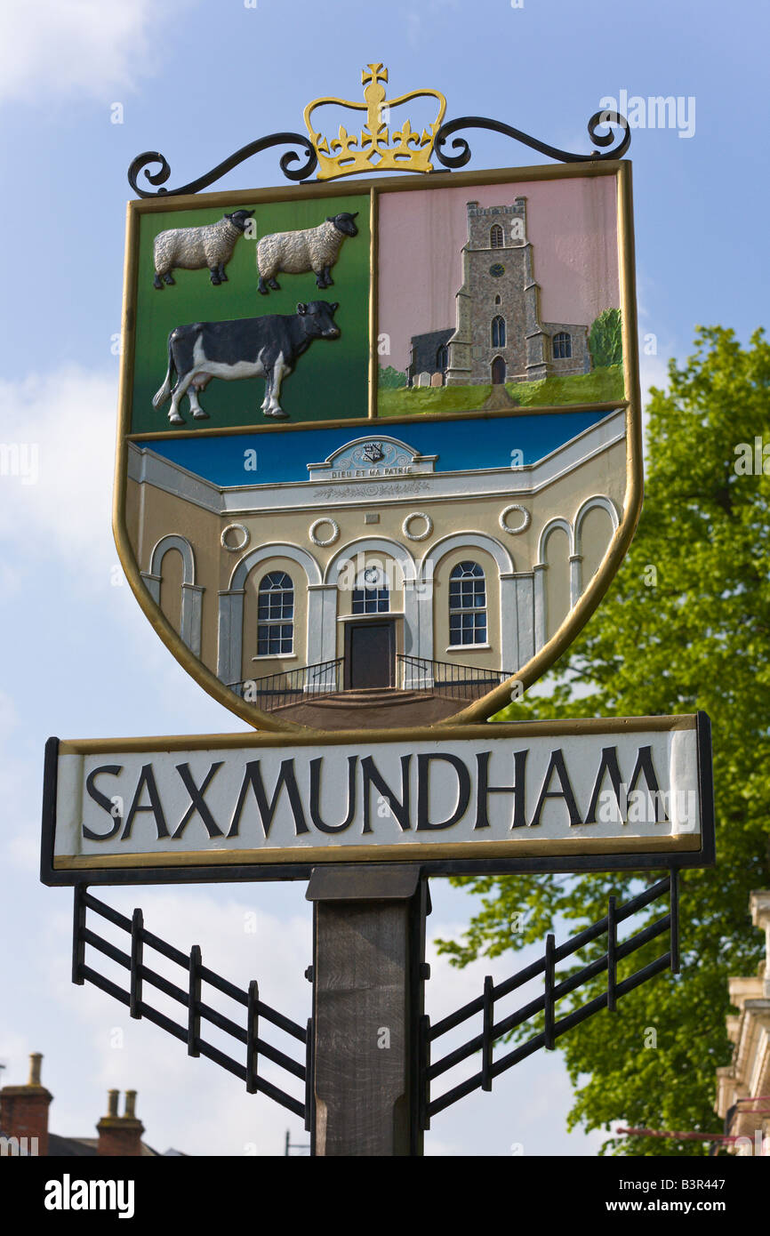 Ortsschild Saxmundham, Suffolk, England Stockfoto