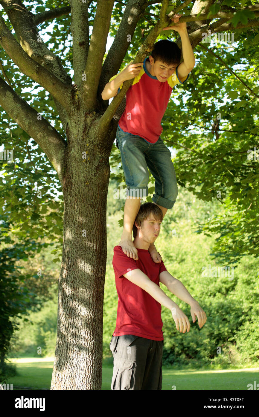 Teenager von einem Baum mit seinem Freund Hilfe Klettern Stockfoto