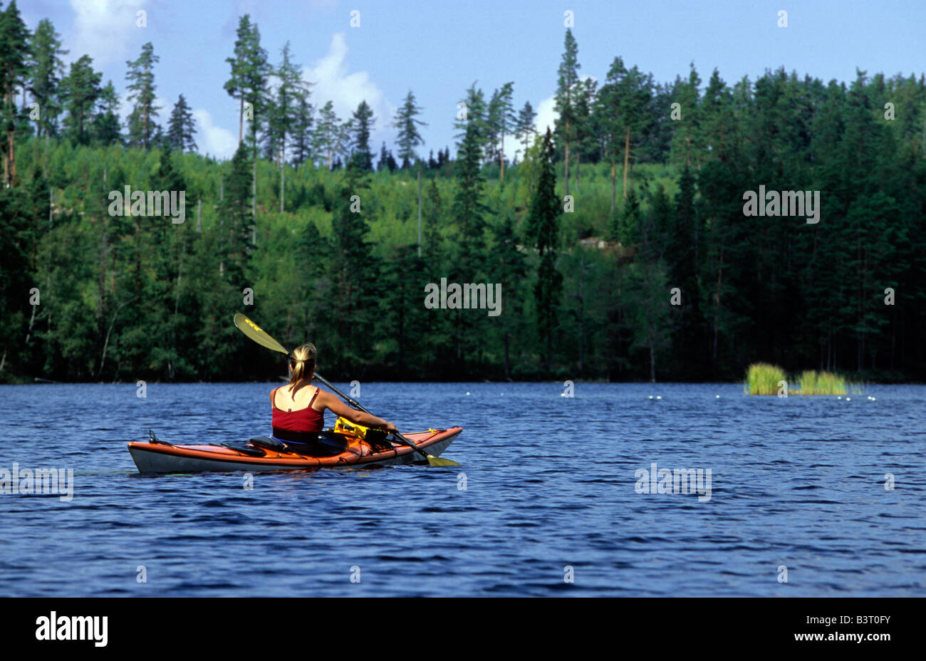 Jüngere Frau Kajakfahren auf einem See in der Nähe von Tiveden Nationalpark Vastra Gotalands Lan Sweden August 2006 Stockfoto