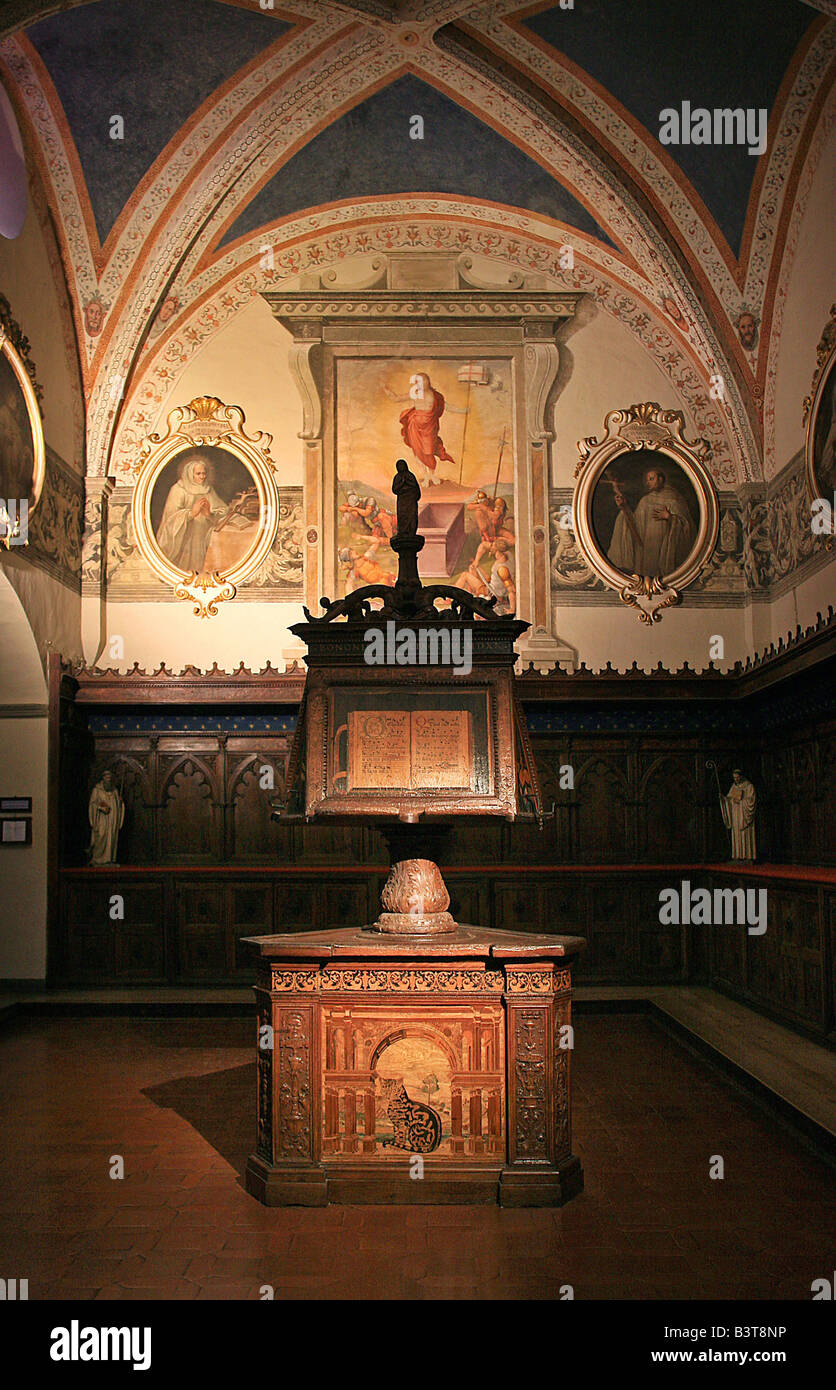 Intarsien, Chor, Fra Giovanni da Verona Arbeit, Abtei von Monte Oliveto Maggiore, Chiusure, Toskana, Italien Stockfoto
