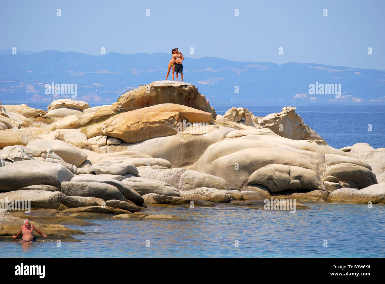 Felsformationen, Kariti Beach, Vourvourou, Sithonia Halbinsel, Chalkidiki, Zentralmakedonien, Griechenland Stockfoto