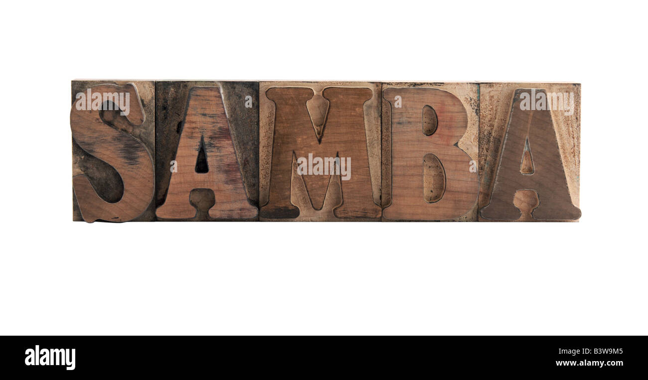 Geben Sie die Wort "Samba" in altem, blau gefärbten Holz Stockfoto