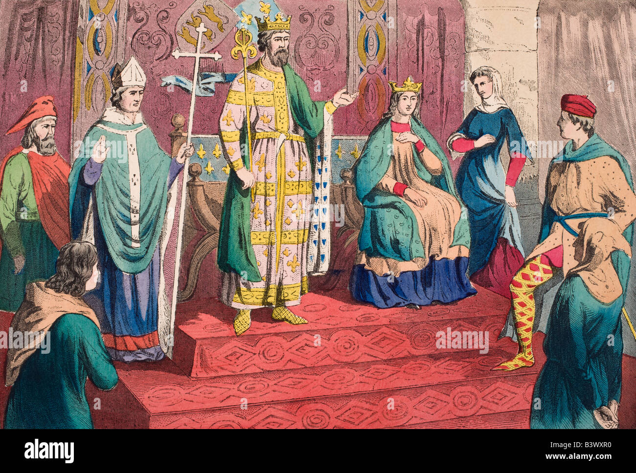 Englische Kostüme aus dem 13. Jahrhundert. Von links, Gentleman, Arzt Bischof, König, Königin, Dame, Edelmann, rustikal. Stockfoto