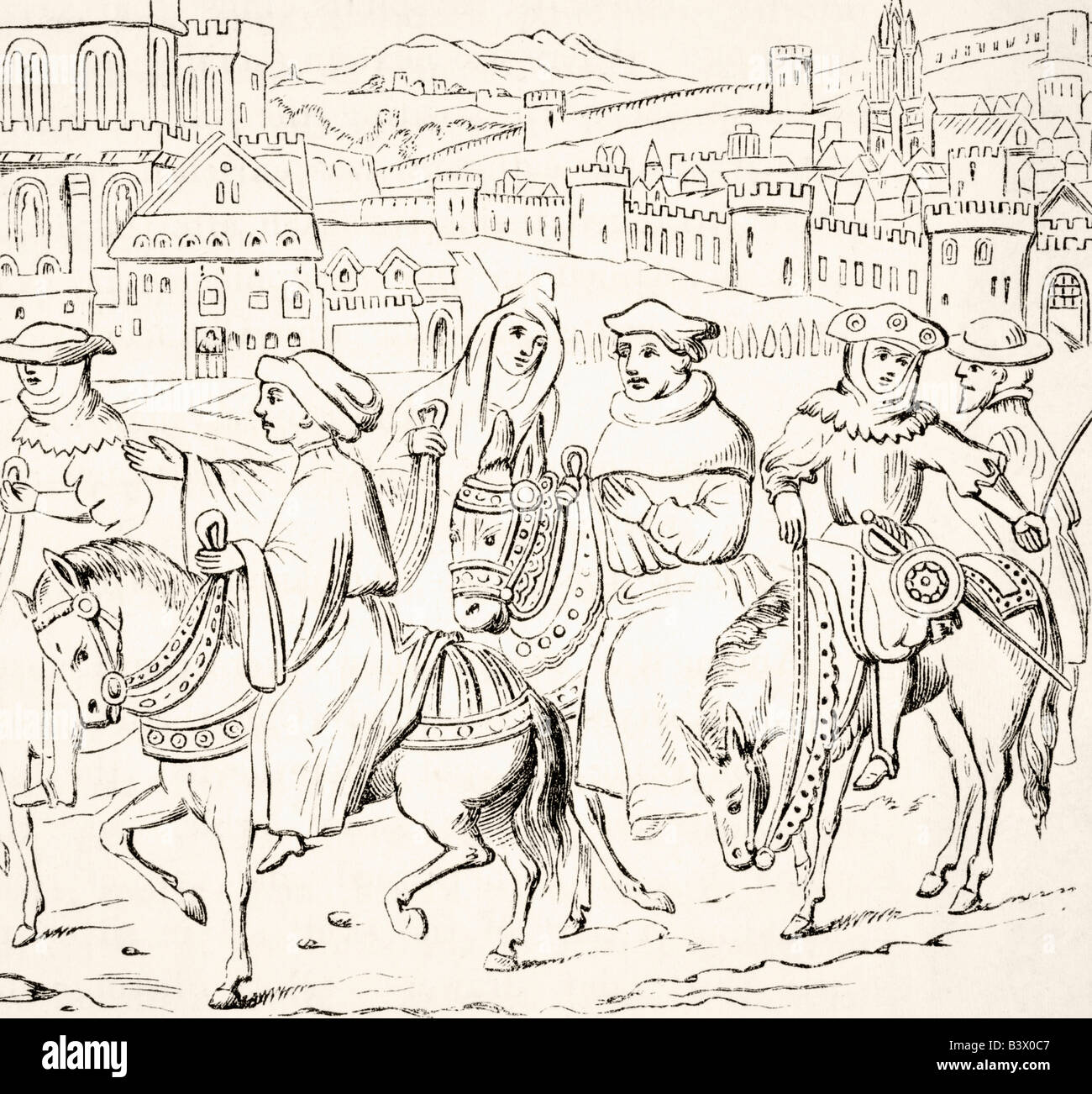 Die Canterbury-Pilger lassen Canterbury.  Szene aus der Canterbury Tales von Geoffrey Chaucer Stockfoto
