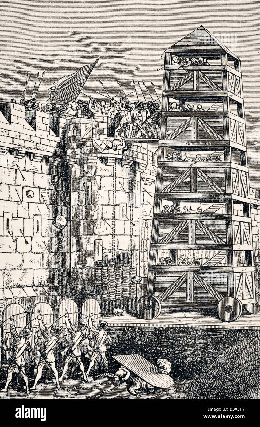 Bewegliche Seige Turm bei Angriffen auf Burgen. Stockfoto