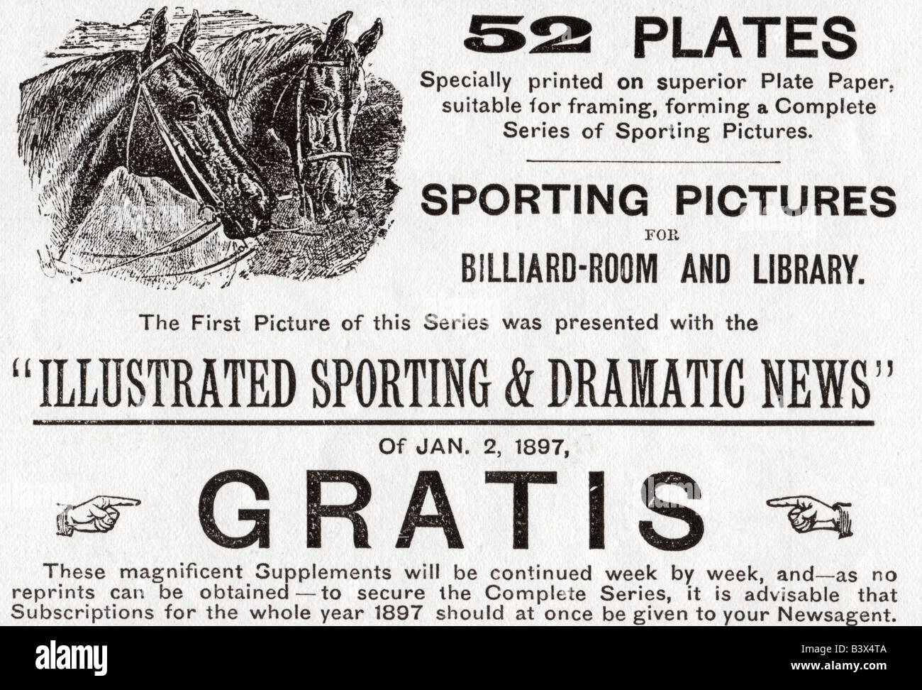 1897 viktorianischen Werbung für sportliche Bilder illustriert Sporting & dramatische Nachrichten Magazin für nur zur redaktionellen Nutzung Stockfoto