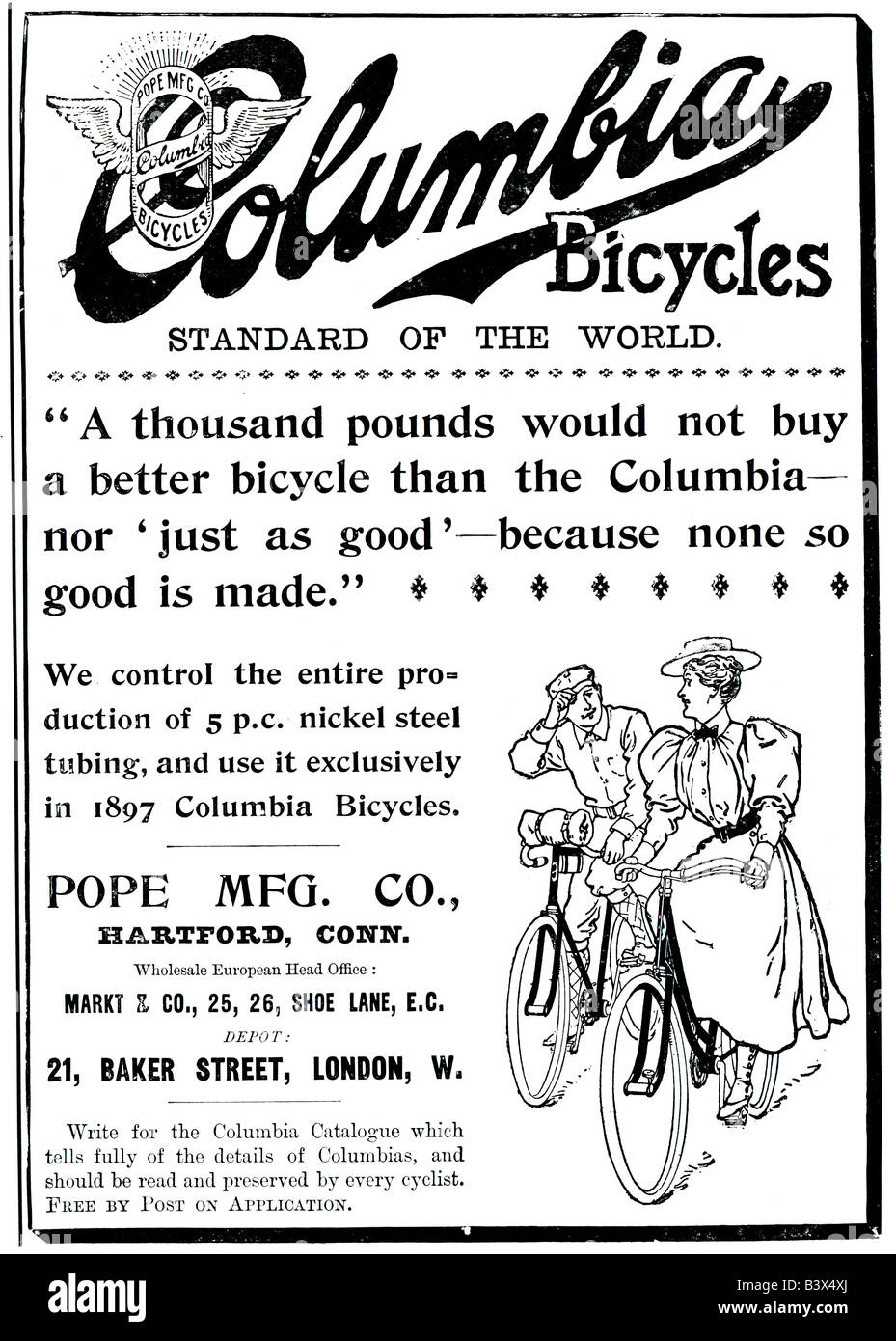 1897 viktorianischen Werbung für Columbia amerikanische Fahrräder für nur zur redaktionellen Nutzung Stockfoto