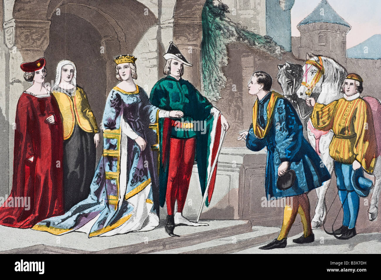 Englische Kostüme aus der zweiten Hälfte des 14.. Jahrhunderts. Stockfoto