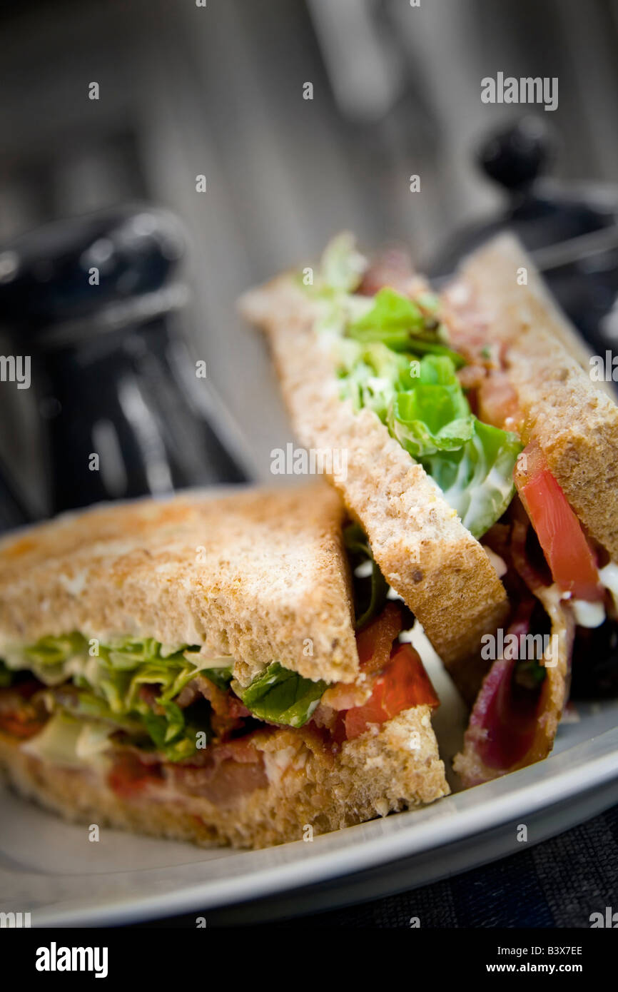Geröstetem Speck-Salat und Tomaten-Sandwich auf einem weißen Teller Stockfoto