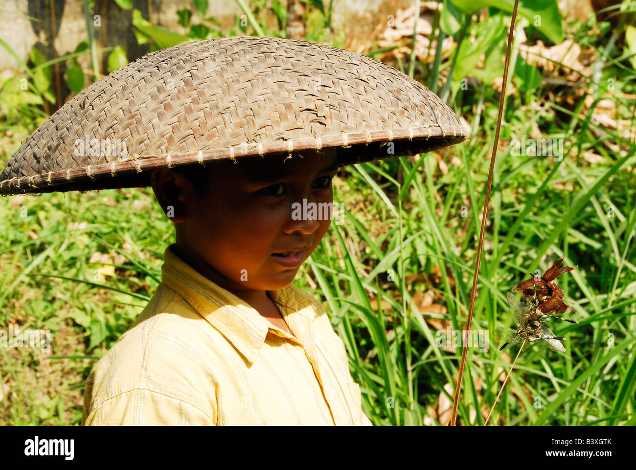 Bali Aga ethnische Minderheit, Bali Aga Dorfleben, Frauen tragen traditionelle Hut, Nordbali, Bali Aga Dorf, julah Stockfoto