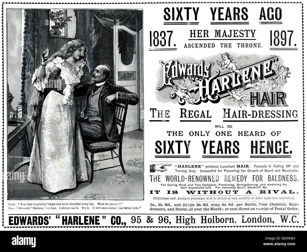 1897 viktorianischen Werbung für Edwards Harlene Dressing Haarwasser gegen Haarausfall für nur zur redaktionellen Nutzung Stockfoto