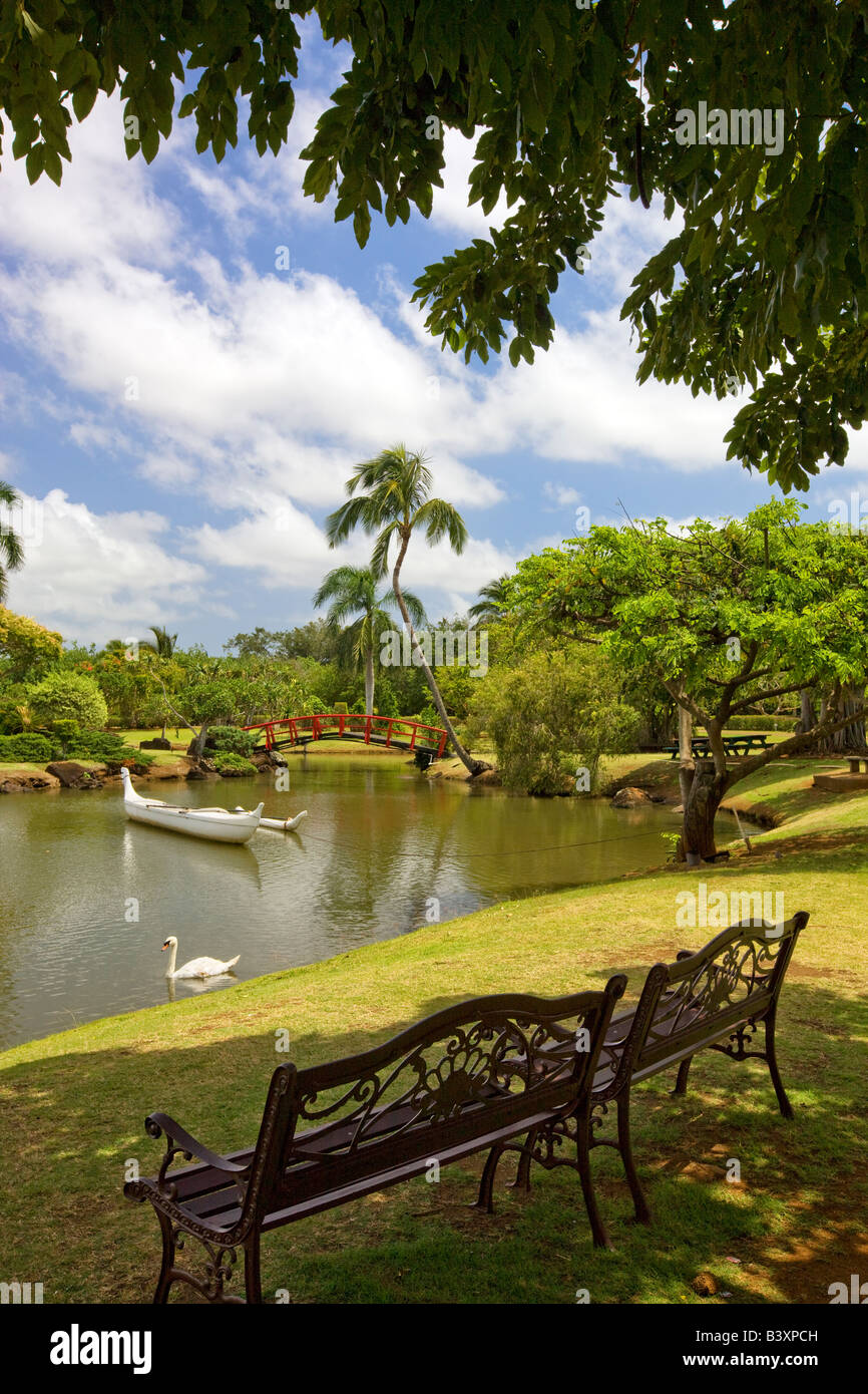 Zwei Bänke mit Blick auf Boot und Schwan am Teich bei Smith s tropischen Gärten Kauai Hawaii Stockfoto