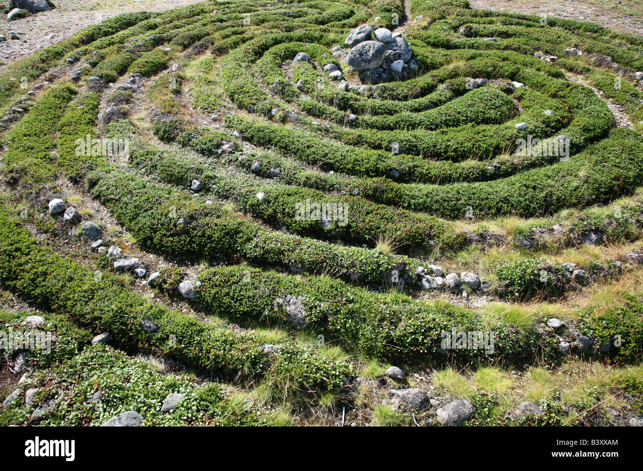 Prähistorische Steinlabyrinth auf den Zayatsky Inseln in der Nähe der Solovetsky Inseln im Weißen Meer, Russland Stockfoto